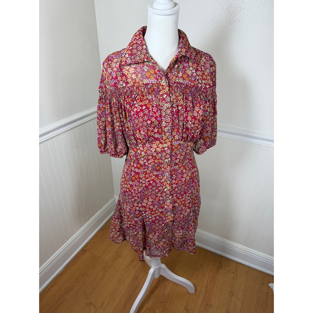 Free People Floral Button Down‎ Dress Womens XS Red Boho Smocked Puff Sleeve